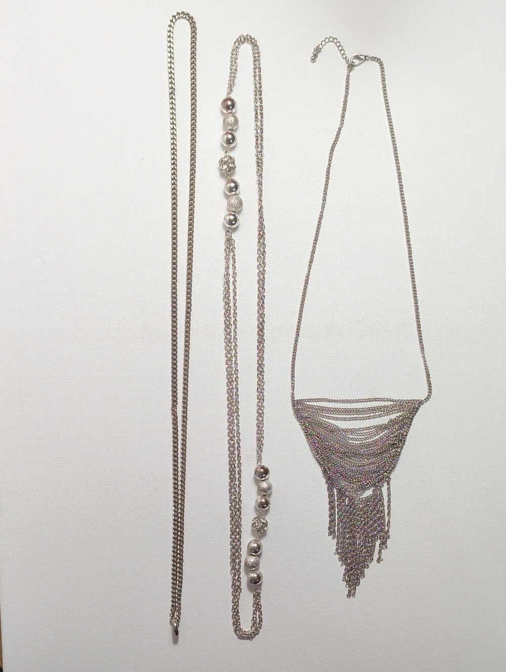Silver Tone Chain Fringe & Station Layering Necklace Bundle (3 Pieces)
